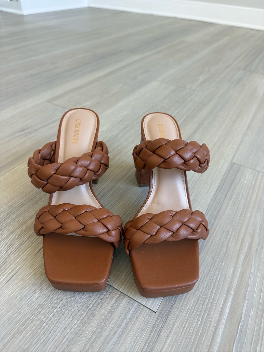 Braided Double-Strap Brown Leather Heeled Sandals